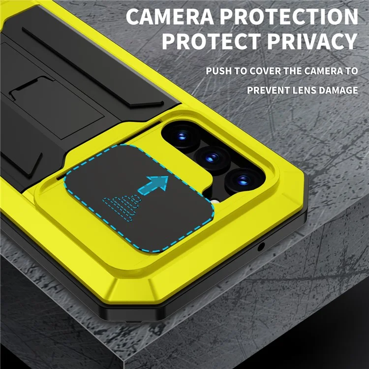 R-JUST For Samsung Galaxy S23+ Slide Camera Lid PC+Silicone+Metal Phone Case Kickstand Drop-proof Cover with Tempered Glass Screen Protector - Yellow