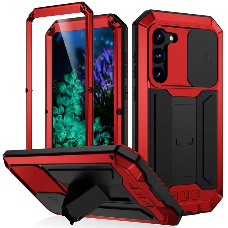 R-JUST Für Samsung Galaxy S23+ Slide Kamera Deckel PC+Silikon+Metall Handyhülle Ständer Sturzsichere Abdeckung mit gehärtetem Glas Bildschirmschutz - Rot