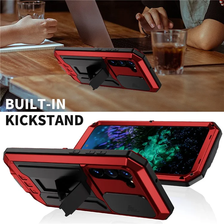 R-JUST Für Samsung Galaxy S23+ Slide Kamera Deckel PC+Silikon+Metall Handyhülle Ständer Sturzsichere Abdeckung mit gehärtetem Glas Bildschirmschutz - Rot