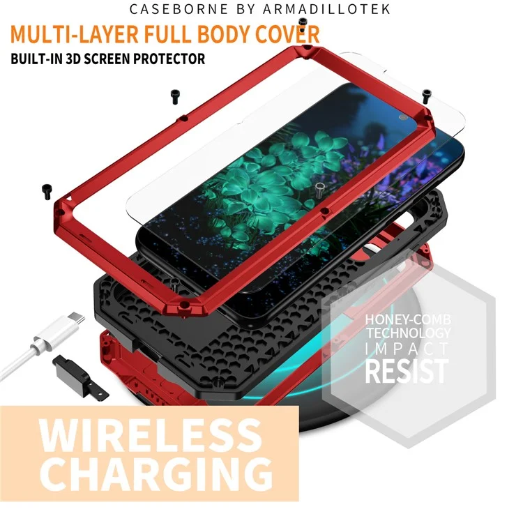 R-JUST Für Samsung Galaxy S23+ Slide Kamera Deckel PC+Silikon+Metall Handyhülle Ständer Sturzsichere Abdeckung mit gehärtetem Glas Bildschirmschutz - Rot