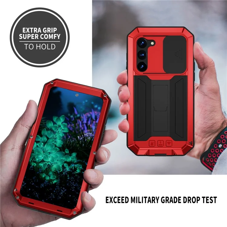 R-JUST Für Samsung Galaxy S23+ Slide Kamera Deckel PC+Silikon+Metall Handyhülle Ständer Sturzsichere Abdeckung mit gehärtetem Glas Bildschirmschutz - Rot
