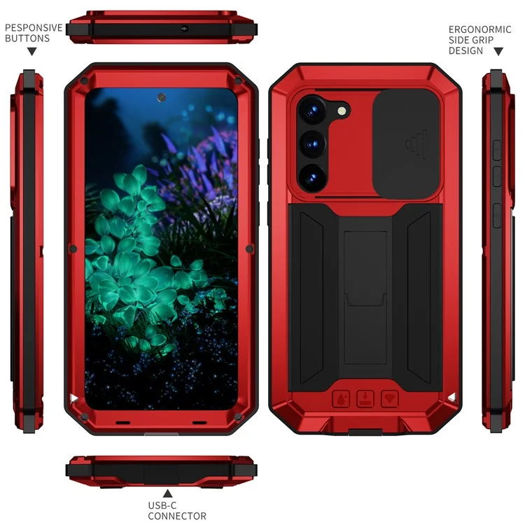 R-JUST Für Samsung Galaxy S23+ Slide Kamera Deckel PC+Silikon+Metall Handyhülle Ständer Sturzsichere Abdeckung mit gehärtetem Glas Bildschirmschutz - Rot