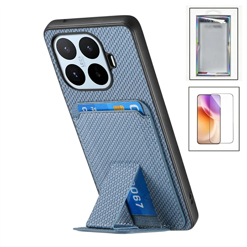 For Xiaomi 17T Case Card Holder Kickstand Fiber Texture Phone Cover with Tempered Glass Screen Protector - Blue