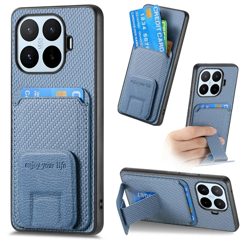 For Xiaomi 17T Case Card Holder Kickstand Fiber Texture Phone Cover with Tempered Glass Screen Protector - Blue