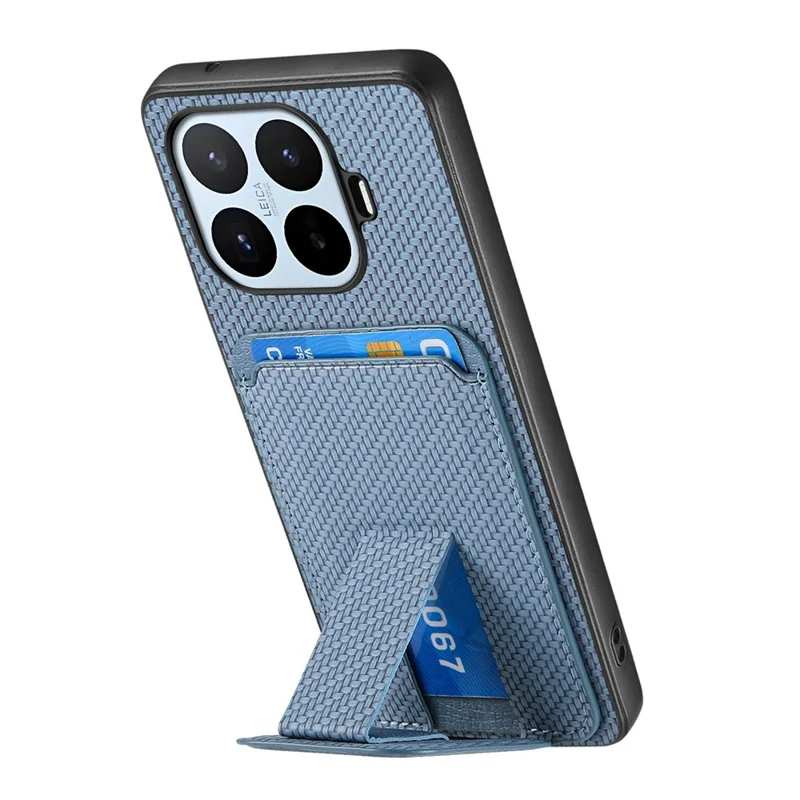 For Xiaomi 17T Case Card Holder Kickstand Fiber Texture Phone Cover with Tempered Glass Screen Protector - Blue