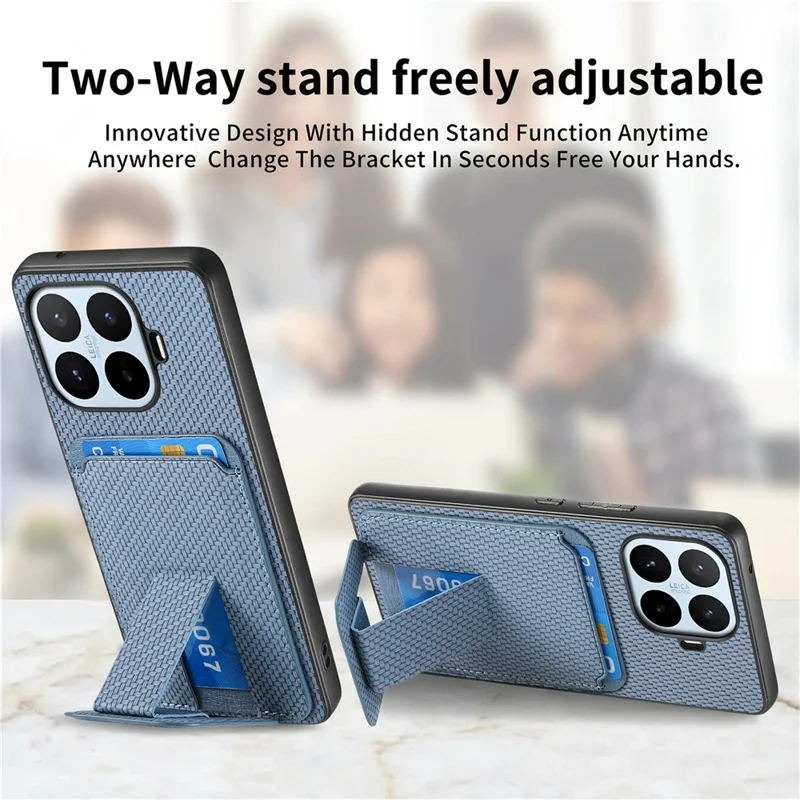 For Xiaomi 17T Case Card Holder Kickstand Fiber Texture Phone Cover with Tempered Glass Screen Protector - Blue