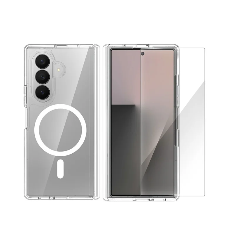 For Samsung Galaxy Z Fold7 5G Magnetic Case Shockproof Acrylic Clear Cover with Tempered Glass Screen Protector - Transparent