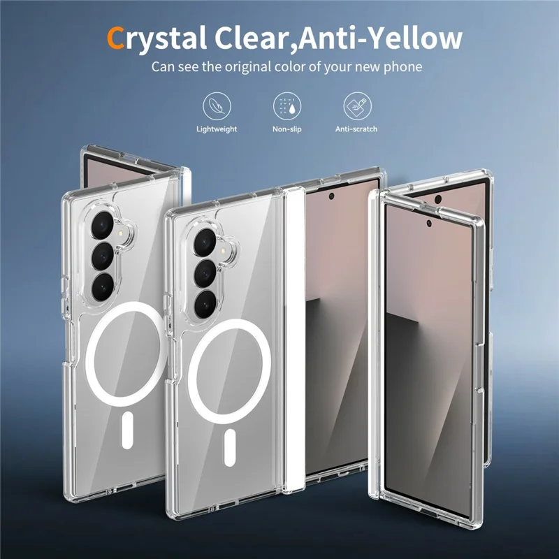 For Samsung Galaxy Z Fold7 5G Magnetic Case Shockproof Acrylic Clear Cover with Tempered Glass Screen Protector - Transparent