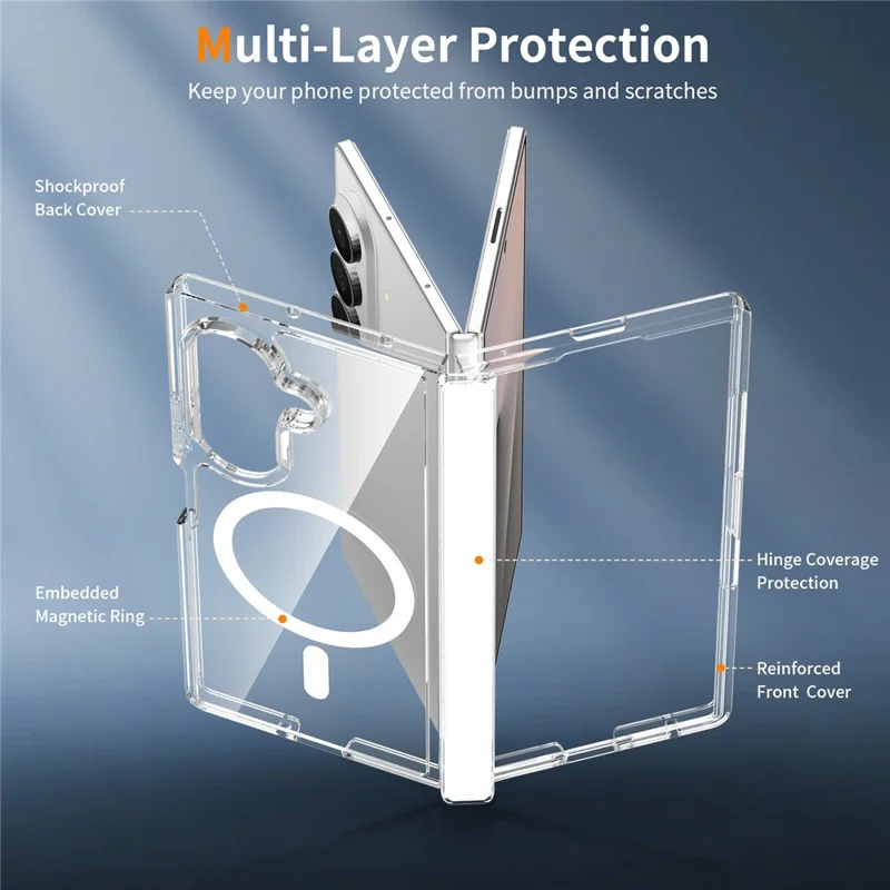 For Samsung Galaxy Z Fold7 5G Magnetic Case Shockproof Acrylic Clear Cover with Tempered Glass Screen Protector - Transparent