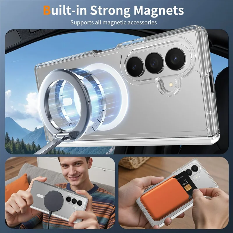 For Samsung Galaxy Z Fold7 5G Magnetic Case Shockproof Acrylic Clear Cover with Tempered Glass Screen Protector - Transparent