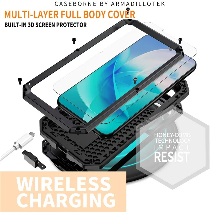 R-JUST Pour Samsung Galaxy S23 Étui de téléphone en PC+Silicone+Métal Couvercle coulissant de l'appareil photo Conception anti-chute Support intégré Avec protecteur d'écran en verre trempé - Noir