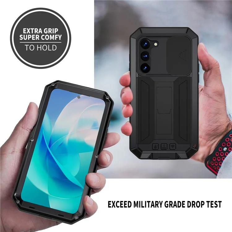 R-JUST Pour Samsung Galaxy S23 Étui de téléphone en PC+Silicone+Métal Couvercle coulissant de l'appareil photo Conception anti-chute Support intégré Avec protecteur d'écran en verre trempé - Noir