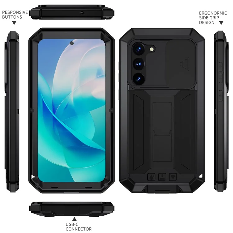 R-JUST Pour Samsung Galaxy S23 Étui de téléphone en PC+Silicone+Métal Couvercle coulissant de l'appareil photo Conception anti-chute Support intégré Avec protecteur d'écran en verre trempé - Noir