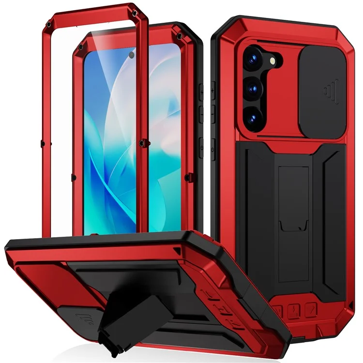 R-JUST Para Samsung Galaxy S23 Funda Trasera de Teléfono de PC+Silicona+Metal Diseño de Tapa Deslizante de Cámara a Prueba de Caídas con Soporte Kickstand y Protector de Pantalla de Vidrio Templado - Rojo