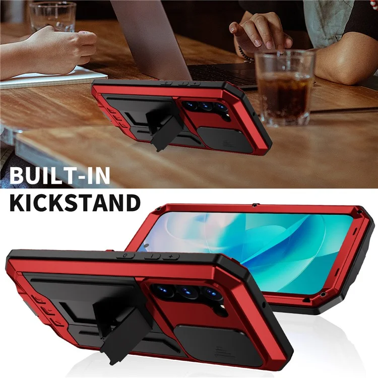 R-JUST Para Samsung Galaxy S23 Funda Trasera de Teléfono de PC+Silicona+Metal Diseño de Tapa Deslizante de Cámara a Prueba de Caídas con Soporte Kickstand y Protector de Pantalla de Vidrio Templado - Rojo