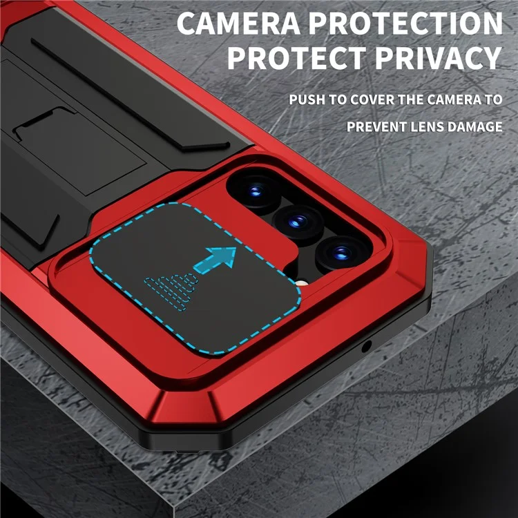R-JUST Para Samsung Galaxy S23 Funda Trasera de Teléfono de PC+Silicona+Metal Diseño de Tapa Deslizante de Cámara a Prueba de Caídas con Soporte Kickstand y Protector de Pantalla de Vidrio Templado - Rojo
