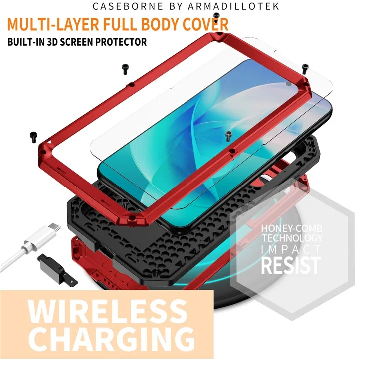 R-JUST Para Samsung Galaxy S23 Funda Trasera de Teléfono de PC+Silicona+Metal Diseño de Tapa Deslizante de Cámara a Prueba de Caídas con Soporte Kickstand y Protector de Pantalla de Vidrio Templado - Rojo