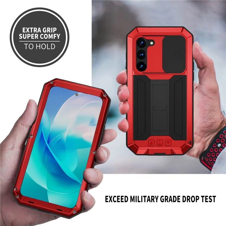 R-JUST Para Samsung Galaxy S23 Funda Trasera de Teléfono de PC+Silicona+Metal Diseño de Tapa Deslizante de Cámara a Prueba de Caídas con Soporte Kickstand y Protector de Pantalla de Vidrio Templado - Rojo
