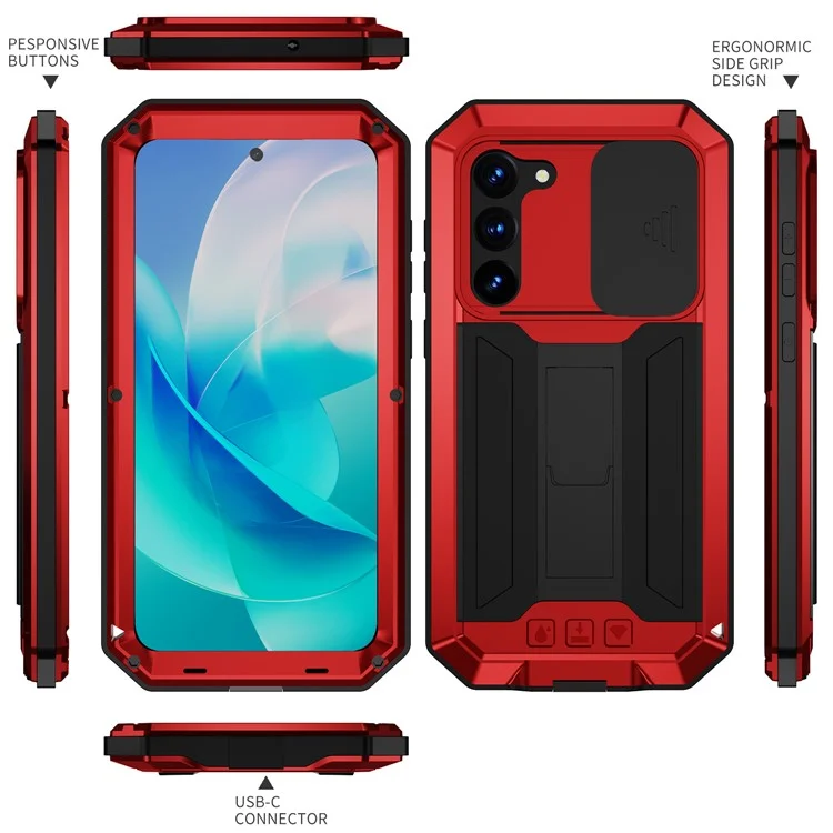 R-JUST Para Samsung Galaxy S23 Funda Trasera de Teléfono de PC+Silicona+Metal Diseño de Tapa Deslizante de Cámara a Prueba de Caídas con Soporte Kickstand y Protector de Pantalla de Vidrio Templado - Rojo