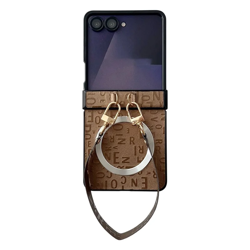 For Samsung Galaxy Z Flip8 Magnetic Case Letter Pattern Leather + PC Foldable Phone Cover with Lanyard - Brown