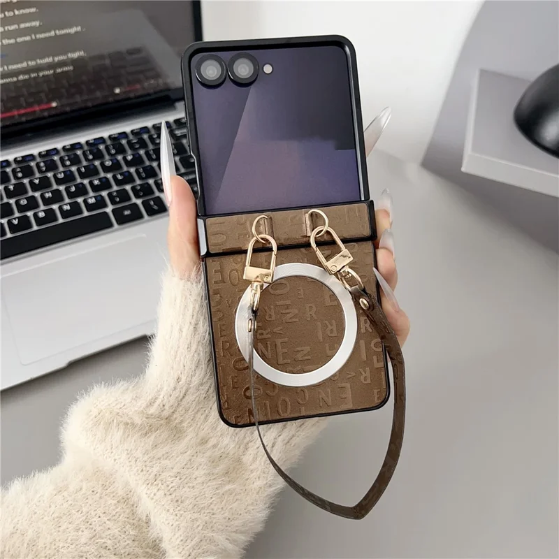 For Samsung Galaxy Z Flip8 Magnetic Case Letter Pattern Leather + PC Foldable Phone Cover with Lanyard - Brown