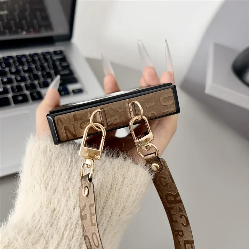 For Samsung Galaxy Z Flip8 Magnetic Case Letter Pattern Leather + PC Foldable Phone Cover with Lanyard - Brown