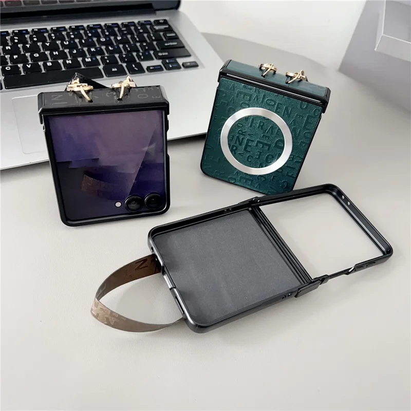 For Samsung Galaxy Z Flip8 Magnetic Case Letter Pattern Leather + PC Foldable Phone Cover with Lanyard - Brown