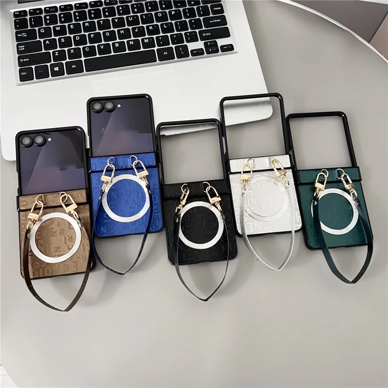 For Samsung Galaxy Z Flip8 Magnetic Case Letter Pattern Leather + PC Foldable Phone Cover with Lanyard - Brown