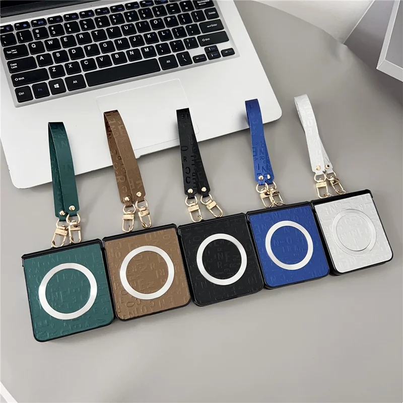 For Samsung Galaxy Z Flip8 Magnetic Case Letter Pattern Leather + PC Foldable Phone Cover with Lanyard - Brown