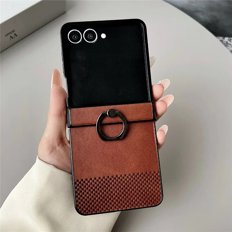 For Samsung Galaxy Z Flip8 Case Plaid Grid Pattern Leather + PC Foldable Phone Cover with Ring Kickstand - Brown