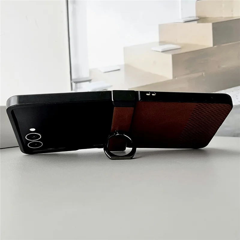 For Samsung Galaxy Z Flip8 Case Plaid Grid Pattern Leather + PC Foldable Phone Cover with Ring Kickstand - Brown