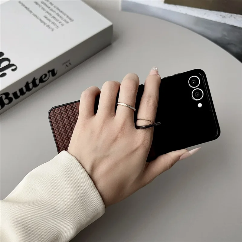 For Samsung Galaxy Z Flip8 Case Plaid Grid Pattern Leather + PC Foldable Phone Cover with Ring Kickstand - Brown