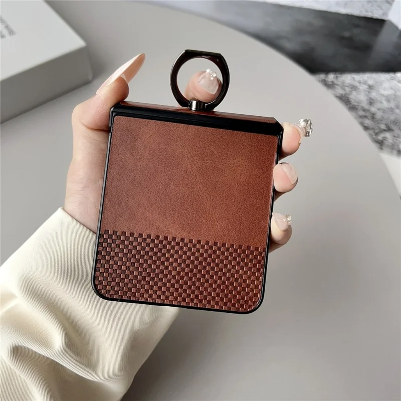 For Samsung Galaxy Z Flip8 Case Plaid Grid Pattern Leather + PC Foldable Phone Cover with Ring Kickstand - Brown