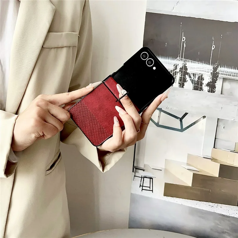 For Samsung Galaxy Z Flip8 Case Plaid Grid Pattern Leather + PC Foldable Phone Cover with Ring Kickstand - Brown