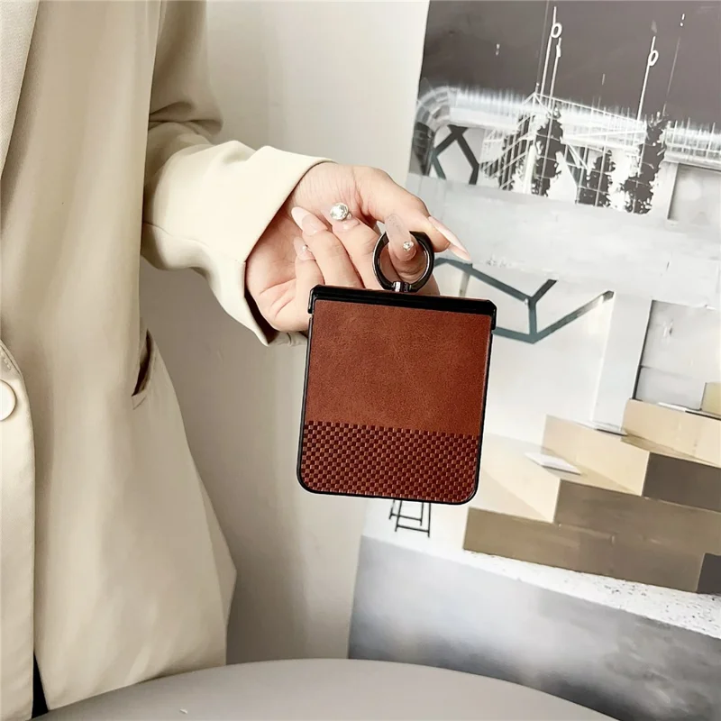For Samsung Galaxy Z Flip8 Case Plaid Grid Pattern Leather + PC Foldable Phone Cover with Ring Kickstand - Brown