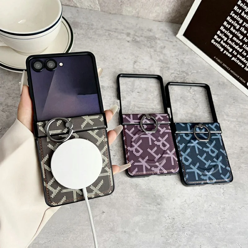 For Samsung Galaxy Z Flip8 Magnetic Case Pixelated Letter Pattern Leather + PC Folding Phone Cover with Ring Kickstand - Black