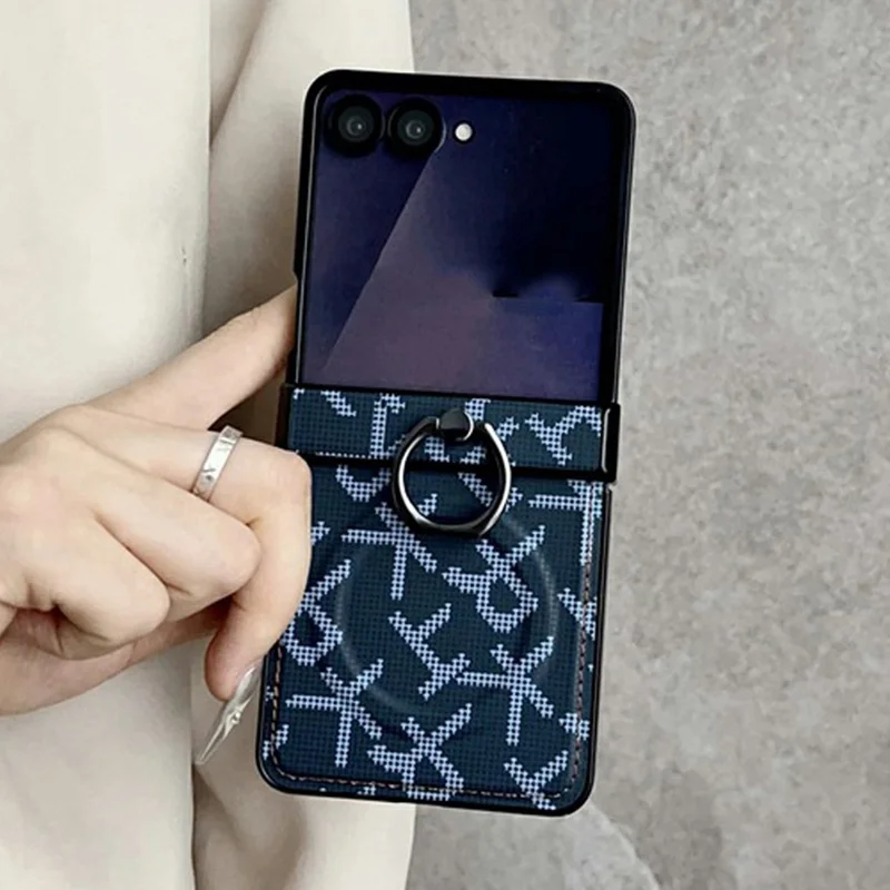 For Samsung Galaxy Z Flip8 Magnetic Case Pixelated Letter Pattern Leather + PC Folding Phone Cover with Ring Kickstand - Black