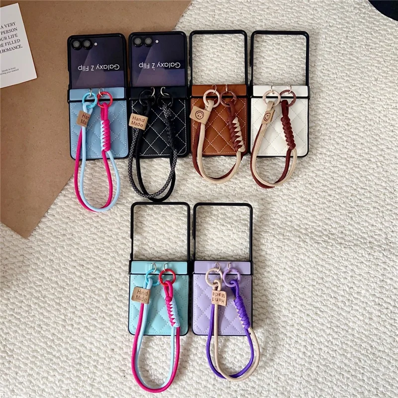 For Samsung Galaxy Z Flip8 Case Air Cushion V-Pattern Diamond Grid Leather + PC Phone Cover with Lanyard - Blue