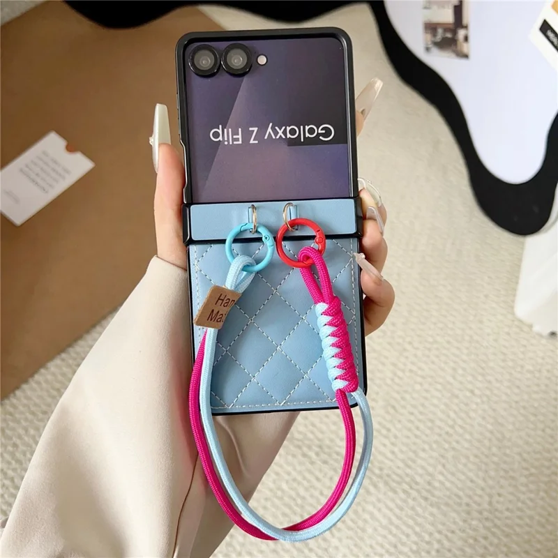 For Samsung Galaxy Z Flip8 Case Air Cushion V-Pattern Diamond Grid Leather + PC Phone Cover with Lanyard - Blue