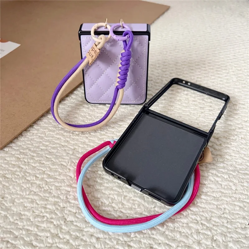 For Samsung Galaxy Z Flip8 Case Air Cushion V-Pattern Diamond Grid Leather + PC Phone Cover with Lanyard - Blue