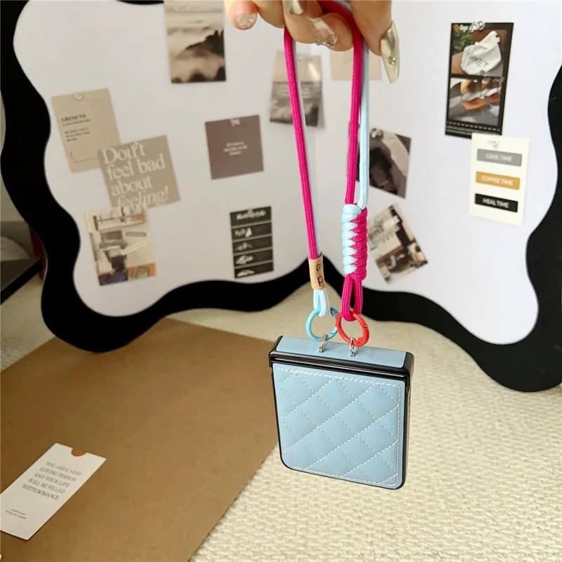 For Samsung Galaxy Z Flip8 Case Air Cushion V-Pattern Diamond Grid Leather + PC Phone Cover with Lanyard - Blue