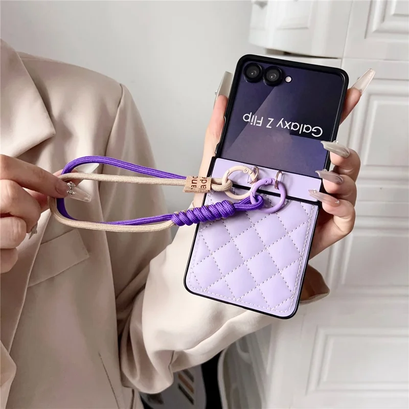 For Samsung Galaxy Z Flip8 Case Air Cushion V-Pattern Diamond Grid Leather + PC Phone Cover with Lanyard - Blue