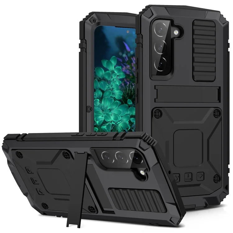 R-JUST For Samsung Galaxy S23+ Waterproof Drop-Proof Case Kickstand Back Cover with Tempered Glass - Black