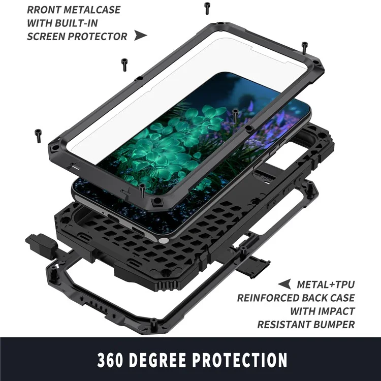 R-JUST For Samsung Galaxy S23+ Waterproof Drop-Proof Case Kickstand Back Cover with Tempered Glass - Black