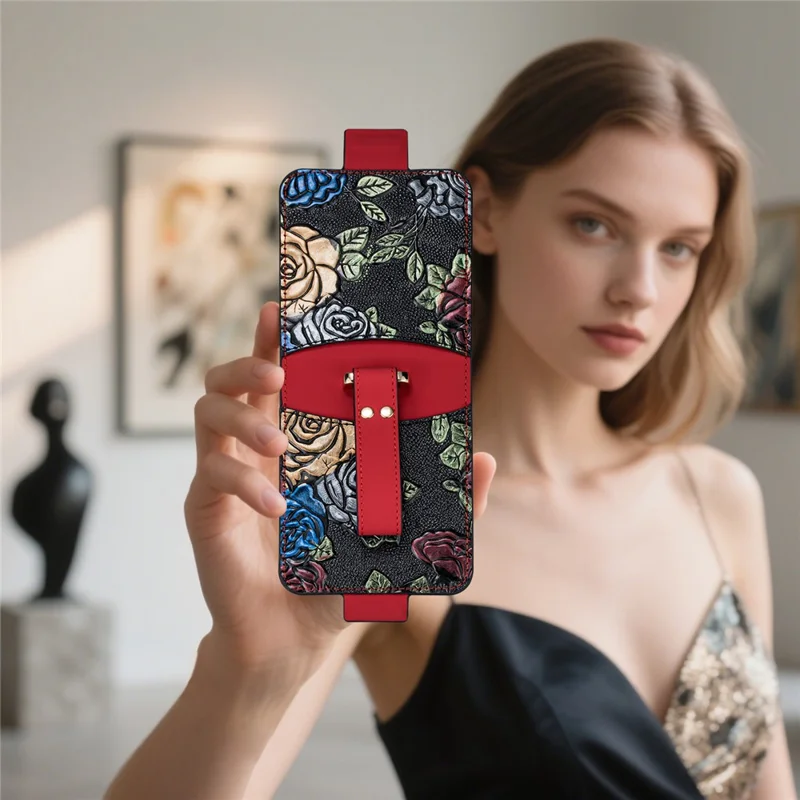 For Samsung Galaxy Z Flip8 Kickstand Case Flower Pattern Leather + PC Phone Cover with Back Film - Red