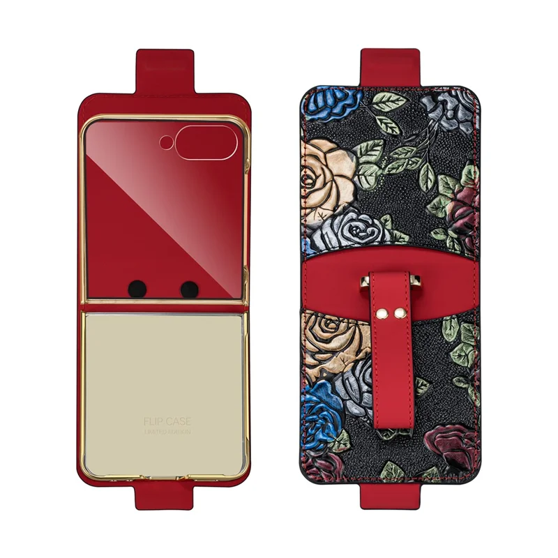 For Samsung Galaxy Z Flip8 Kickstand Case Flower Pattern Leather + PC Phone Cover with Back Film - Red