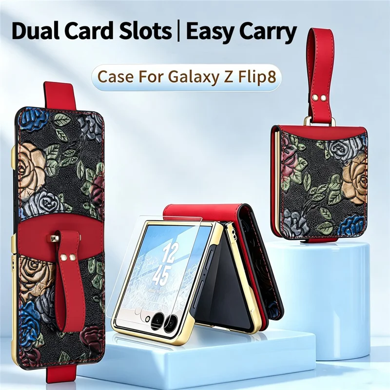 For Samsung Galaxy Z Flip8 Kickstand Case Flower Pattern Leather + PC Phone Cover with Back Film - Red