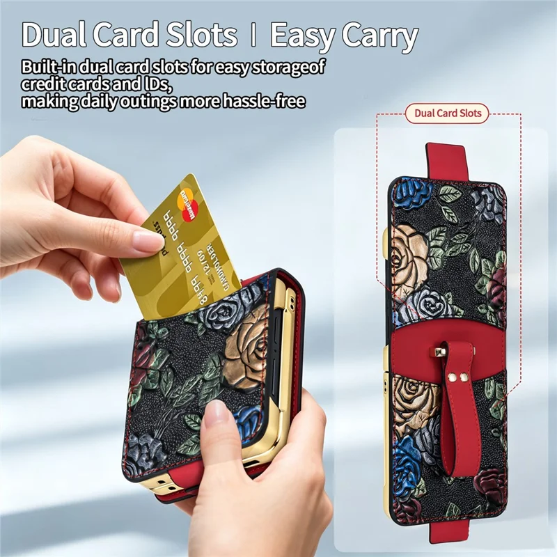 For Samsung Galaxy Z Flip8 Kickstand Case Flower Pattern Leather + PC Phone Cover with Back Film - Red