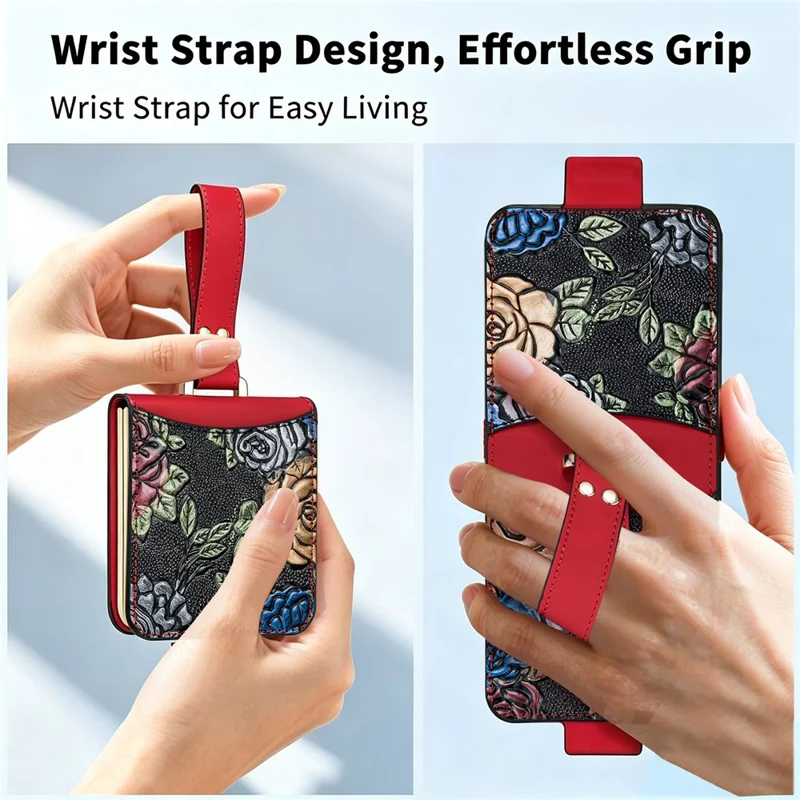 For Samsung Galaxy Z Flip8 Kickstand Case Flower Pattern Leather + PC Phone Cover with Back Film - Red