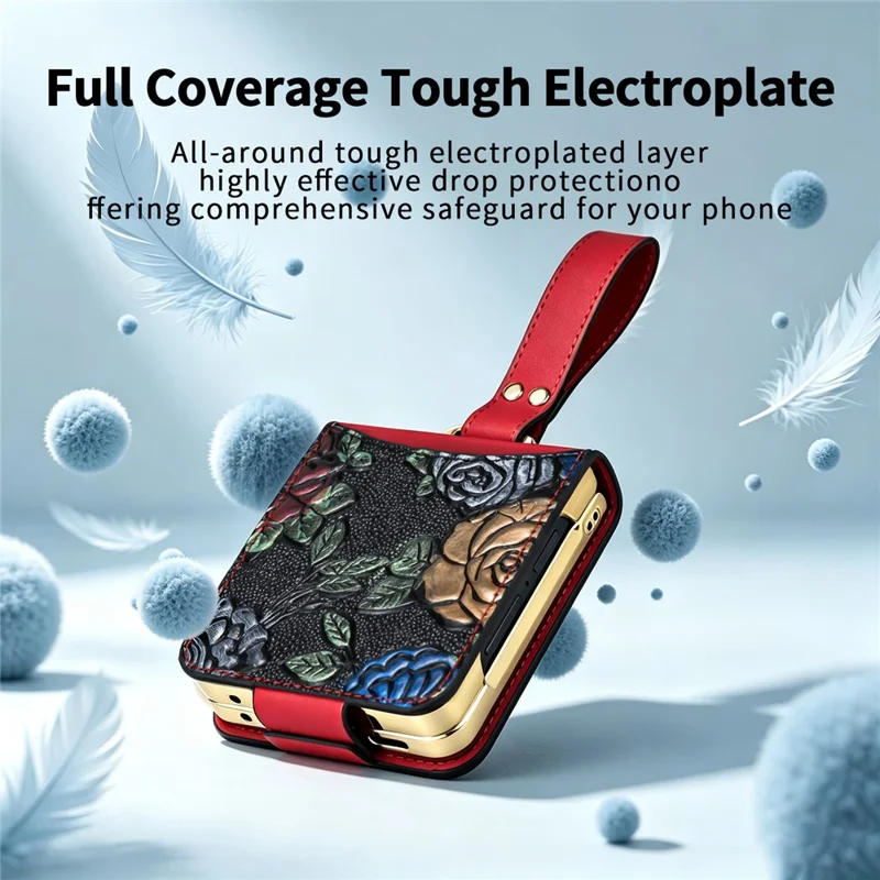 For Samsung Galaxy Z Flip8 Kickstand Case Flower Pattern Leather + PC Phone Cover with Back Film - Red